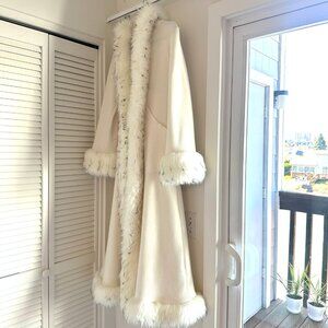 GLAMOROUS FESTIVAL COAT: Long White wi/ White wi/ Black Trim Faux Fur Tamo Coat
